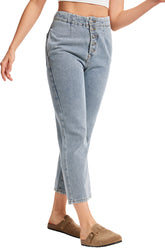 Women's Exposed Button Fly Barrel Jeans -(Light Blue)