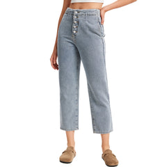 Women's Exposed Button Fly Barrel Jeans -(Light Blue)