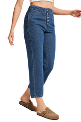Women's Exposed Button Fly Barrel Jeans -(Dark Blue)