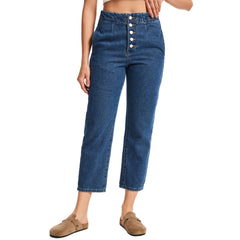 Women's Exposed Button Fly Barrel Jeans -(Dark Blue)