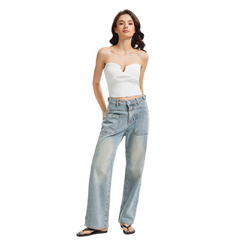 Women's Front Patch Pocket High Waist Jeans-(Light Blue)