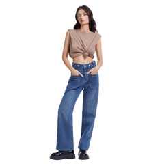 Women's Front Patch Pocket High Waist Jeans-(Dark Blue)