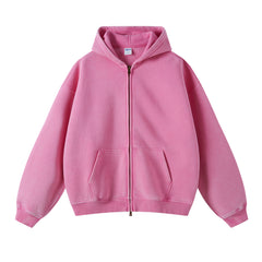 Unisex Washed Solid Zip-up Hoodies