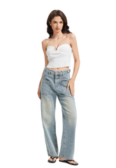 Women's Front Patch Pocket High Waist Jeans-(Light Blue)