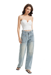Women's Front Patch Pocket High Waist Jeans-(Light Blue)