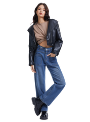 Women's Front Patch Pocket High Waist Jeans-(Dark Blue)
