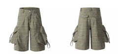 Summer Loose Green Plaid Large Pockets Cargo Shorts