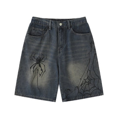 Printed Logo Loose Wide Leg Knee Denim Shorts