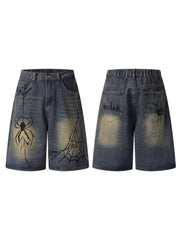 Printed Logo Loose Wide Leg Knee Denim Shorts