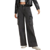 Women's Straight Leg Cargo Jeans-(Black)