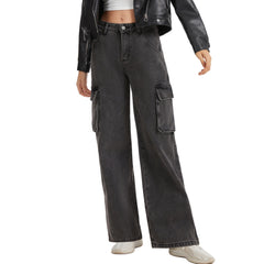 Women's Straight Leg Cargo Jeans-(Black)