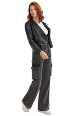 Women's Straight Leg Cargo Jeans-(Black)