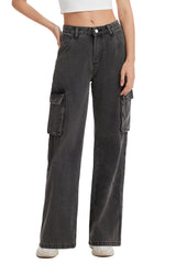 Women's Straight Leg Cargo Jeans-(Black)