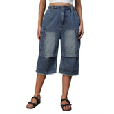 Women's High Waist Capri Jeans-(Blue)