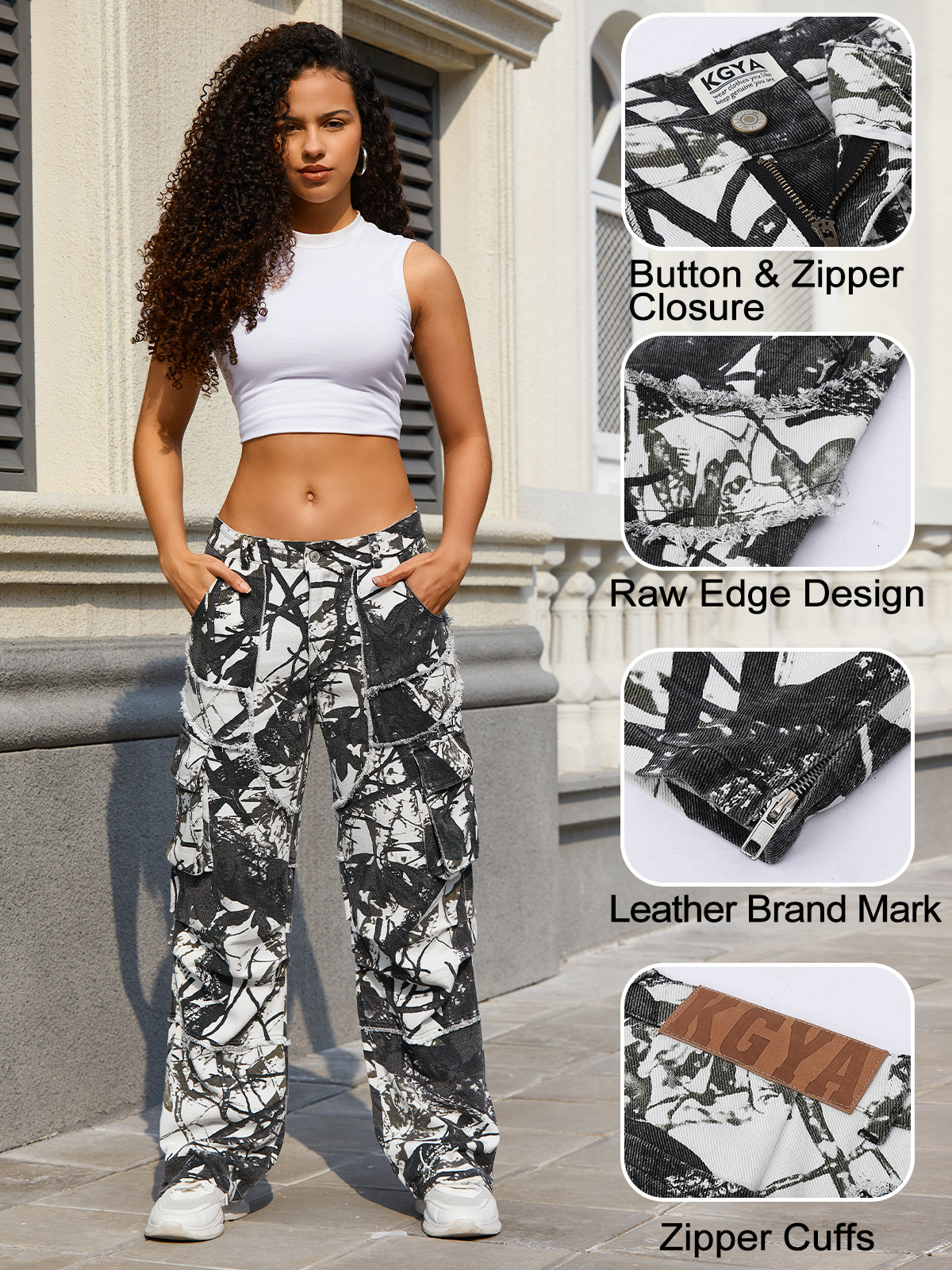 Unisex Raw Edge Camo Cargo Pants- (Camo White)