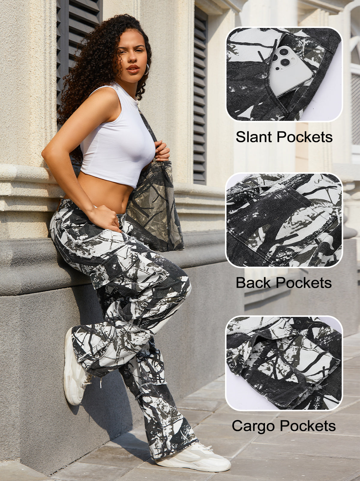 Unisex Raw Edge Camo Cargo Pants- (Camo White)