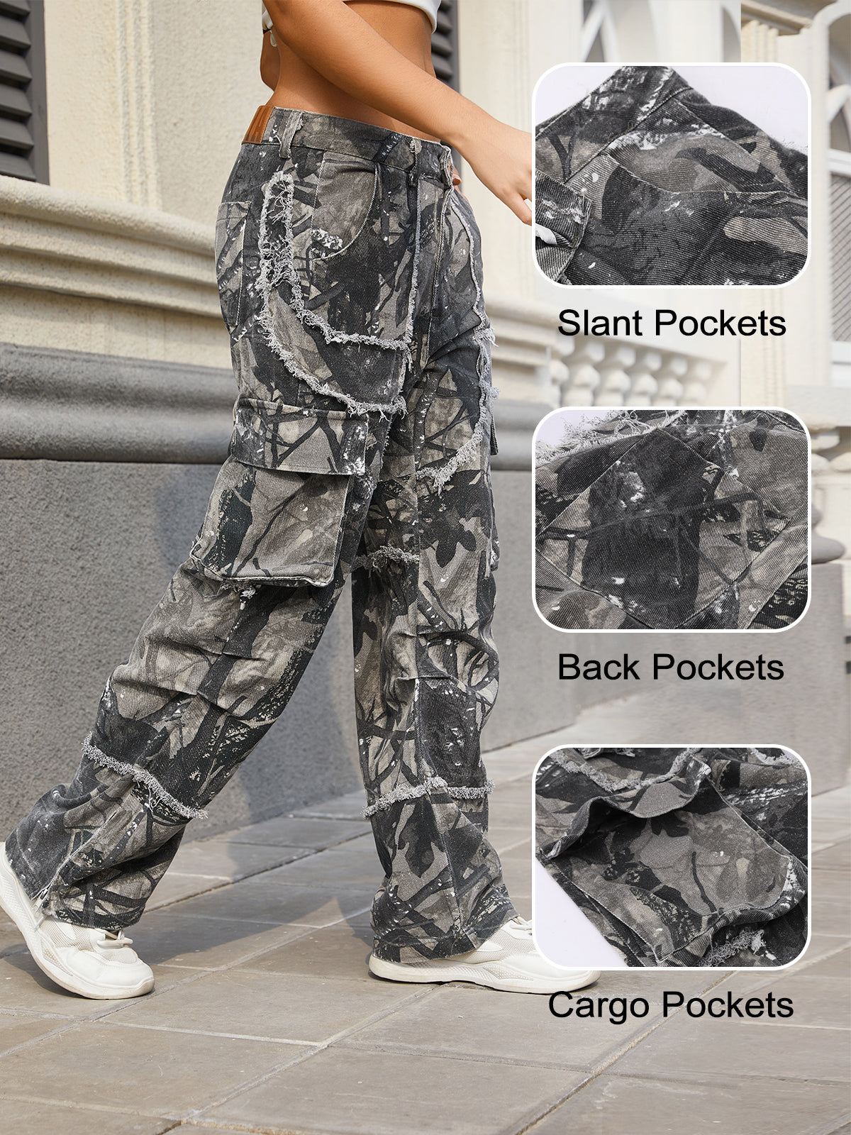 Unisex Raw Edge Camo Cargo Pants- (Camo)