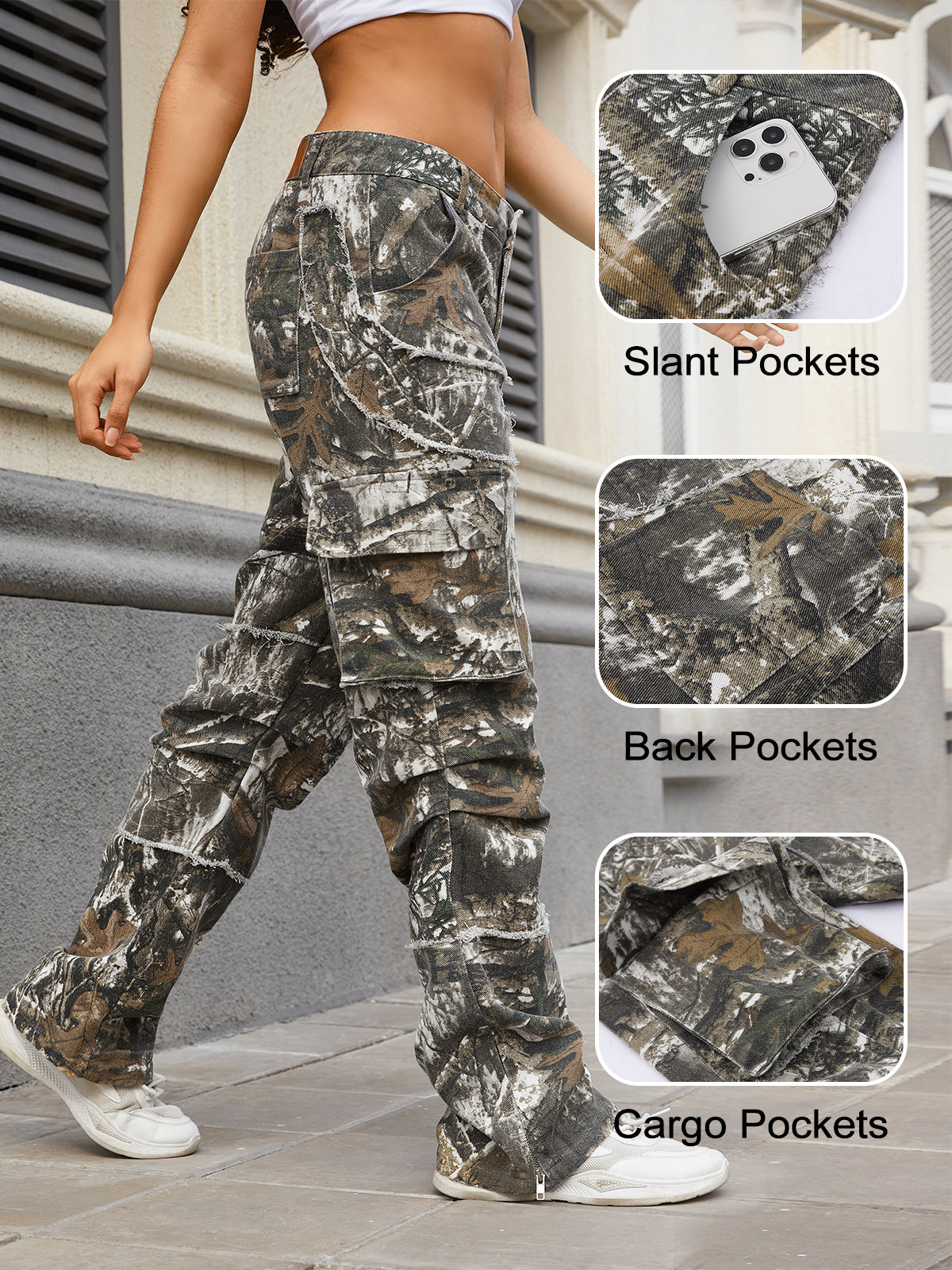 Unisex Raw Edge Camo Cargo Pants- (Autumn Leaf)