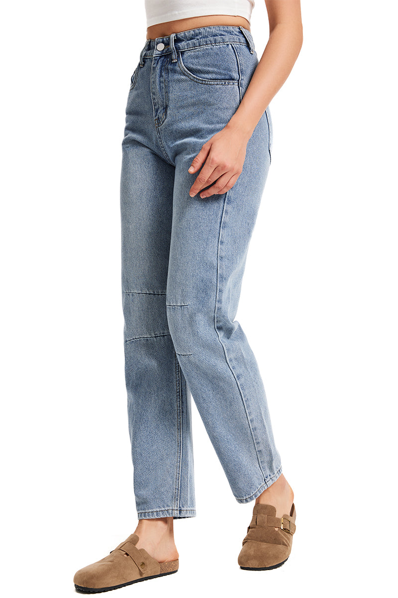 Women's Mid Rise Baggy Boyfriend Jeans-(Bright Blue）