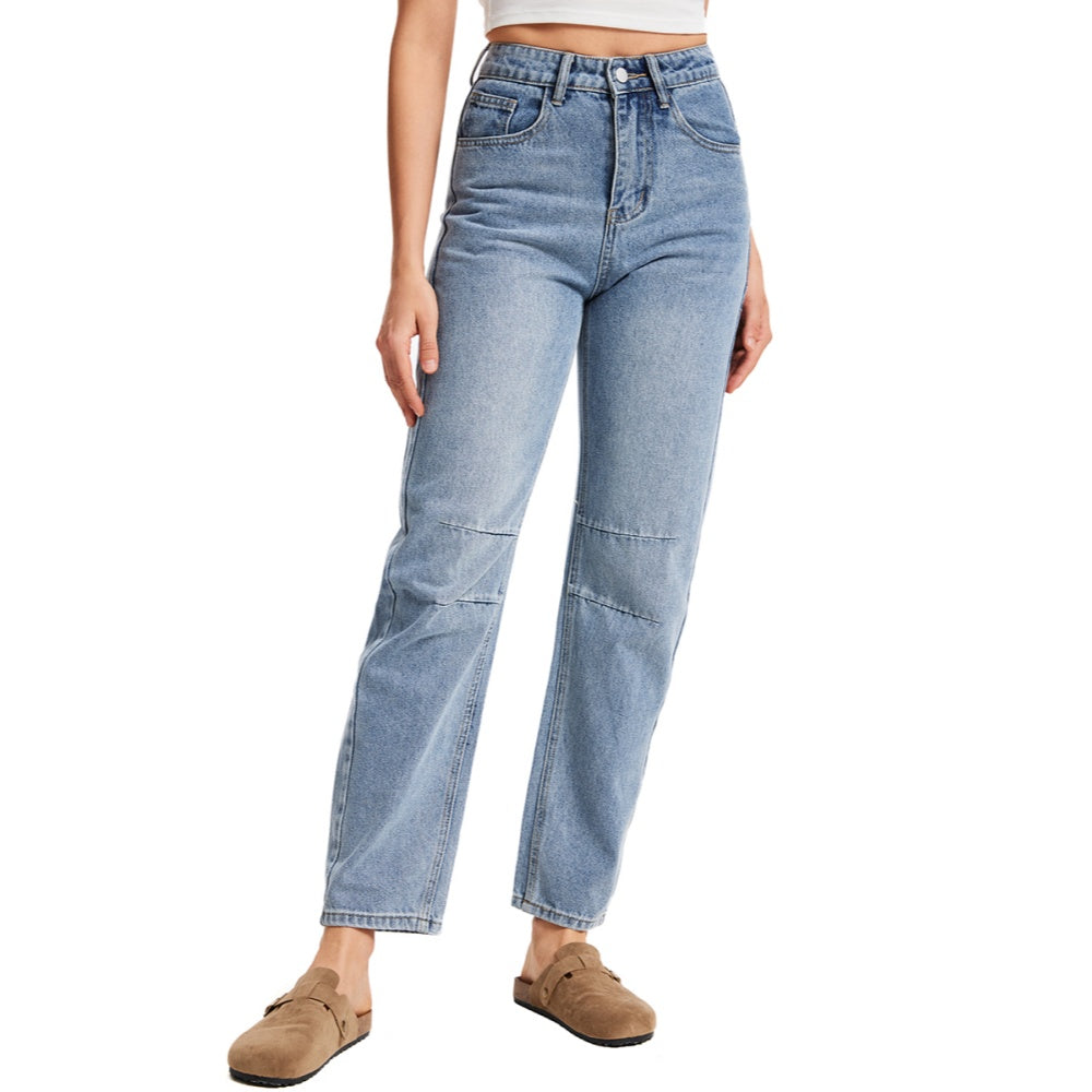 Women's Mid Rise Baggy Boyfriend Jeans-(Bright Blue）