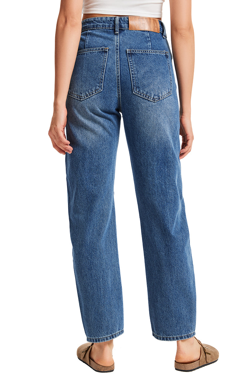 Women's Mid Rise Baggy Boyfriend Jeans-(Dark Blue)