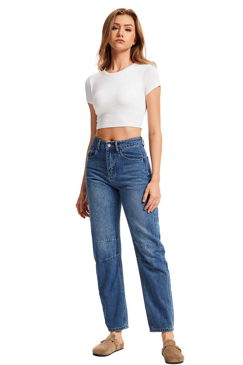 Women's Mid Rise Baggy Boyfriend Jeans-(Dark Blue)