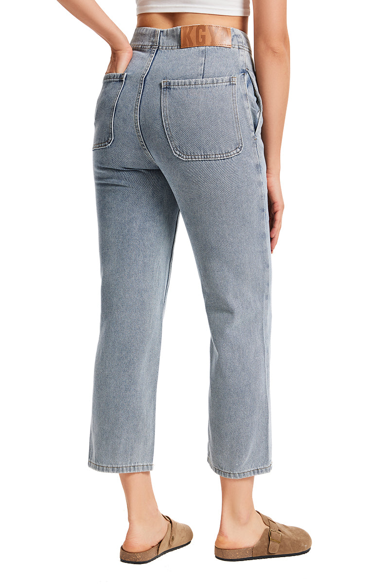 Women's Exposed Button Fly Barrel Jeans -(Light Blue)