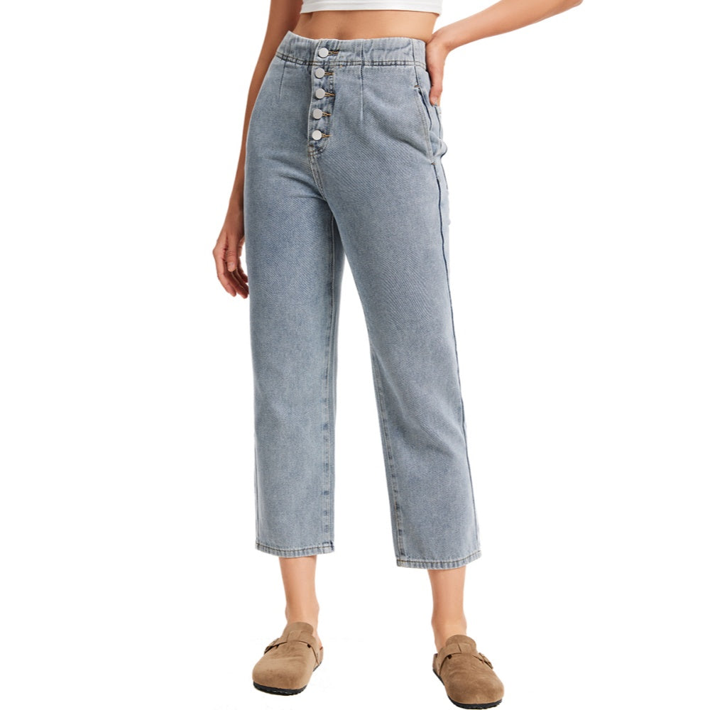 Women's Exposed Button Fly Barrel Jeans -(Light Blue)