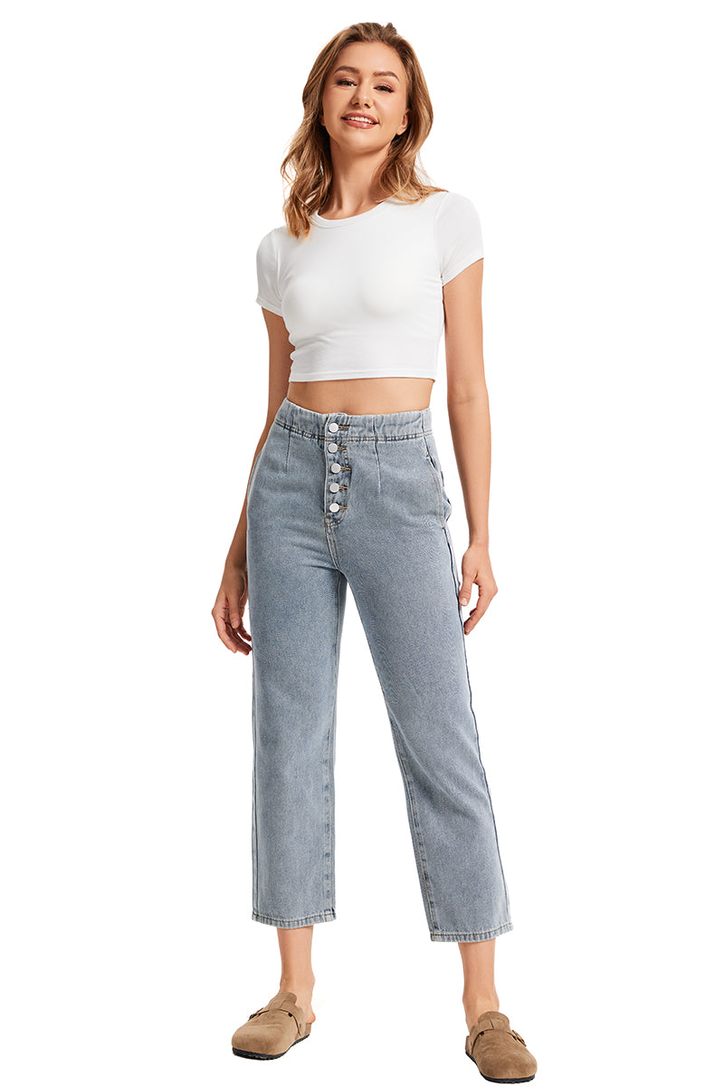 Women's Exposed Button Fly Barrel Jeans -(Light Blue)