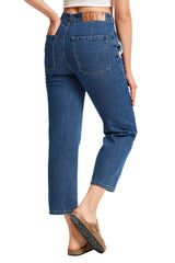 Women's Exposed Button Fly Barrel Jeans -(Dark Blue)
