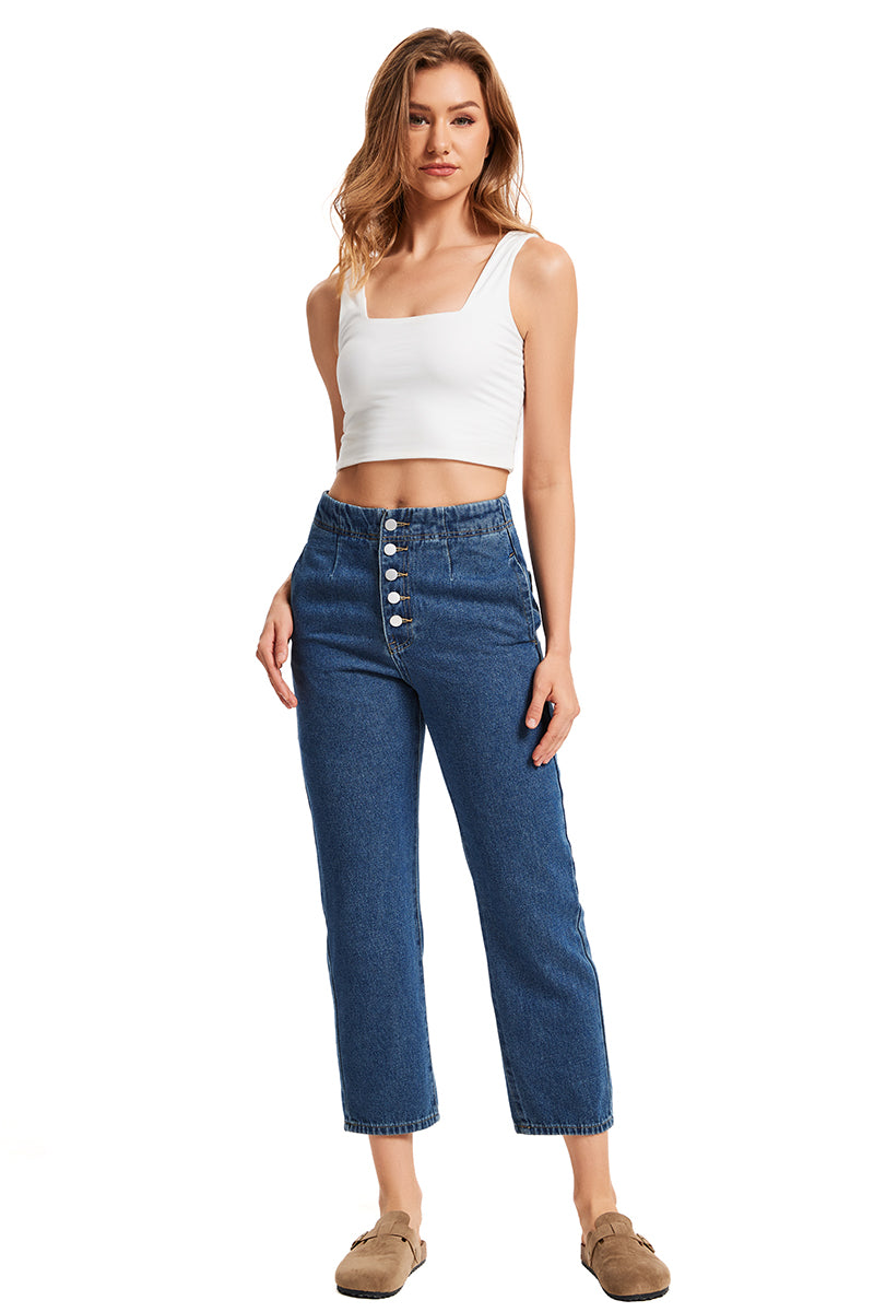 Women's Exposed Button Fly Barrel Jeans -(Dark Blue)