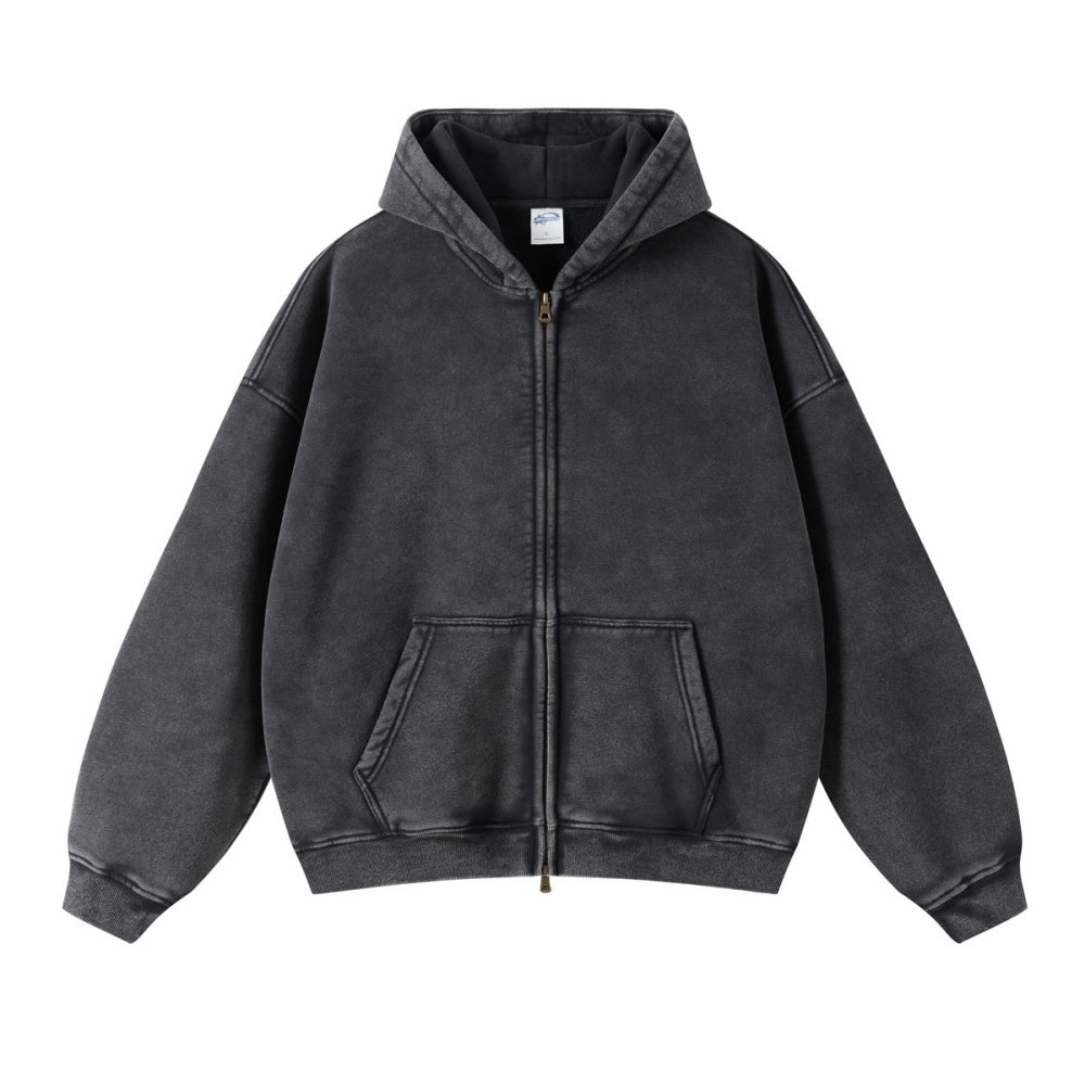 Unisex Washed Solid Zip-up Hoodies