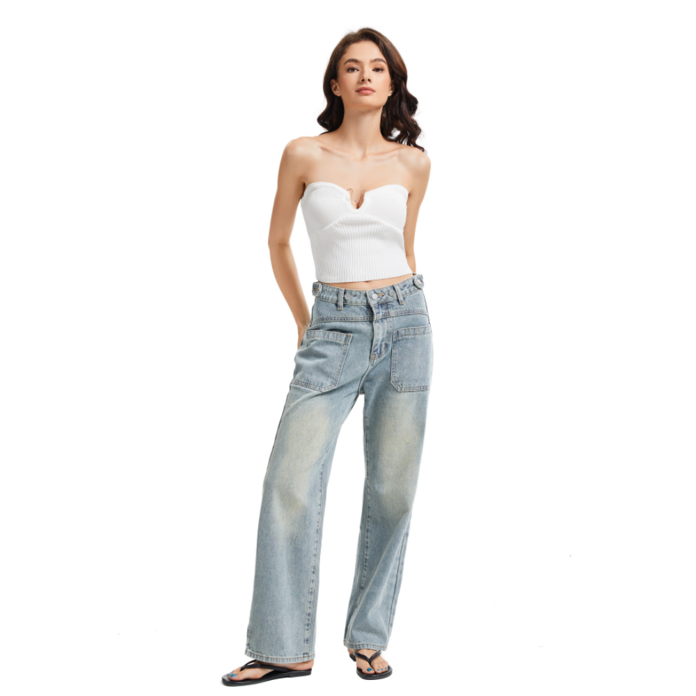 Women's Front Patch Pocket High Waist Jeans-(Light Blue）