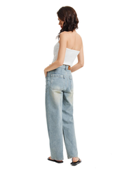 Women's Front Patch Pocket High Waist Jeans-(Light Blue）