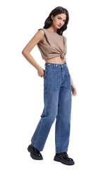 Women's Front Patch Pocket High Waist Jeans-（Dark Blue）