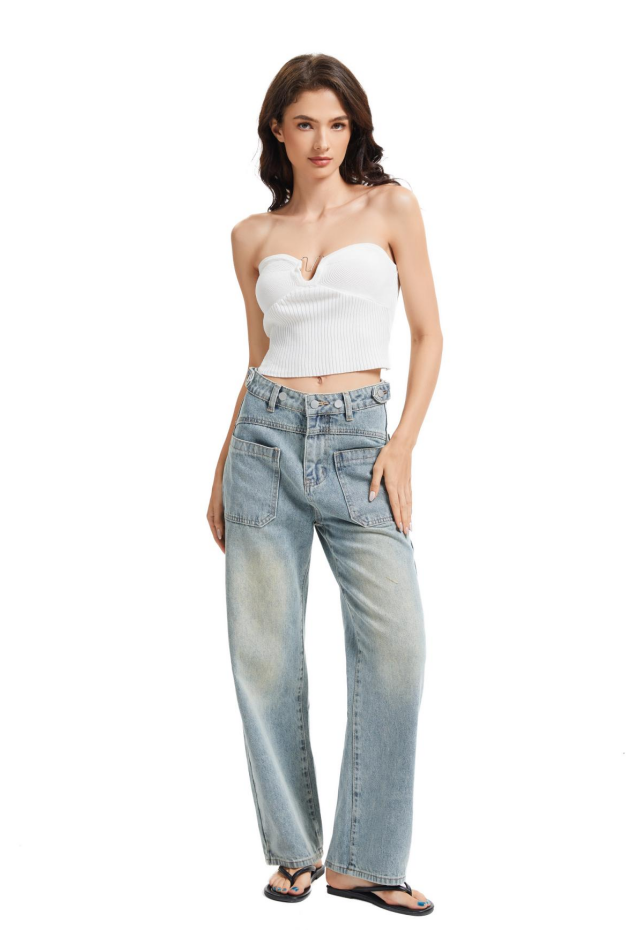 Women's Front Patch Pocket High Waist Jeans-(Light Blue）