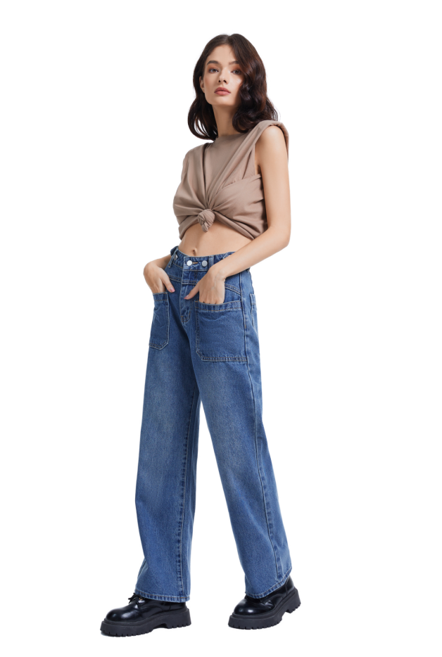 Women's Front Patch Pocket High Waist Jeans-（Dark Blue）