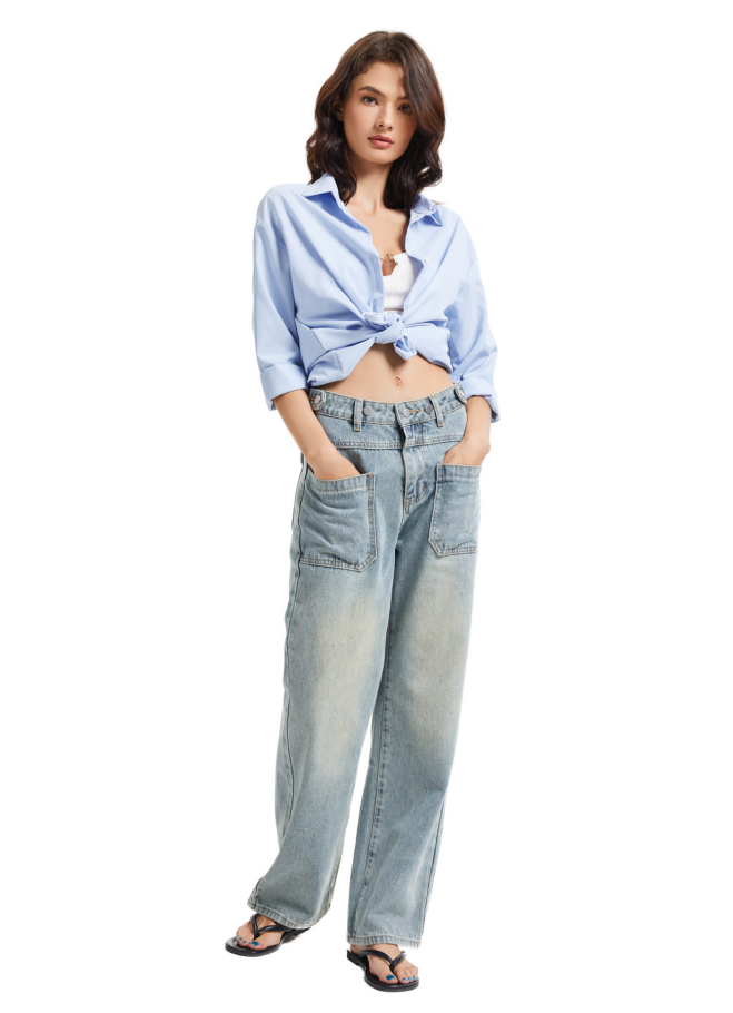 Women's Front Patch Pocket High Waist Jeans-(Light Blue）