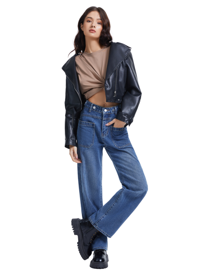 Women's Front Patch Pocket High Waist Jeans-（Dark Blue）