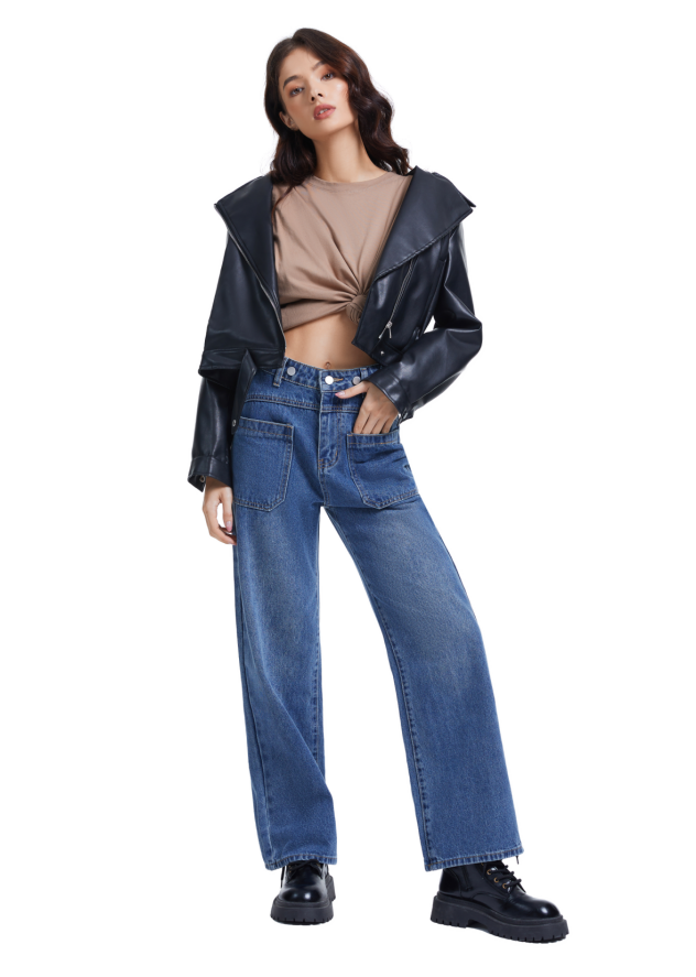 Women's Front Patch Pocket High Waist Jeans-（Dark Blue）