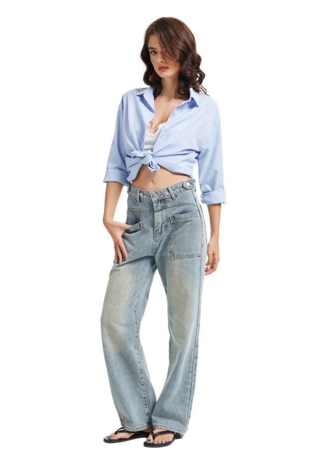 Women's Front Patch Pocket High Waist Jeans-(Light Blue）