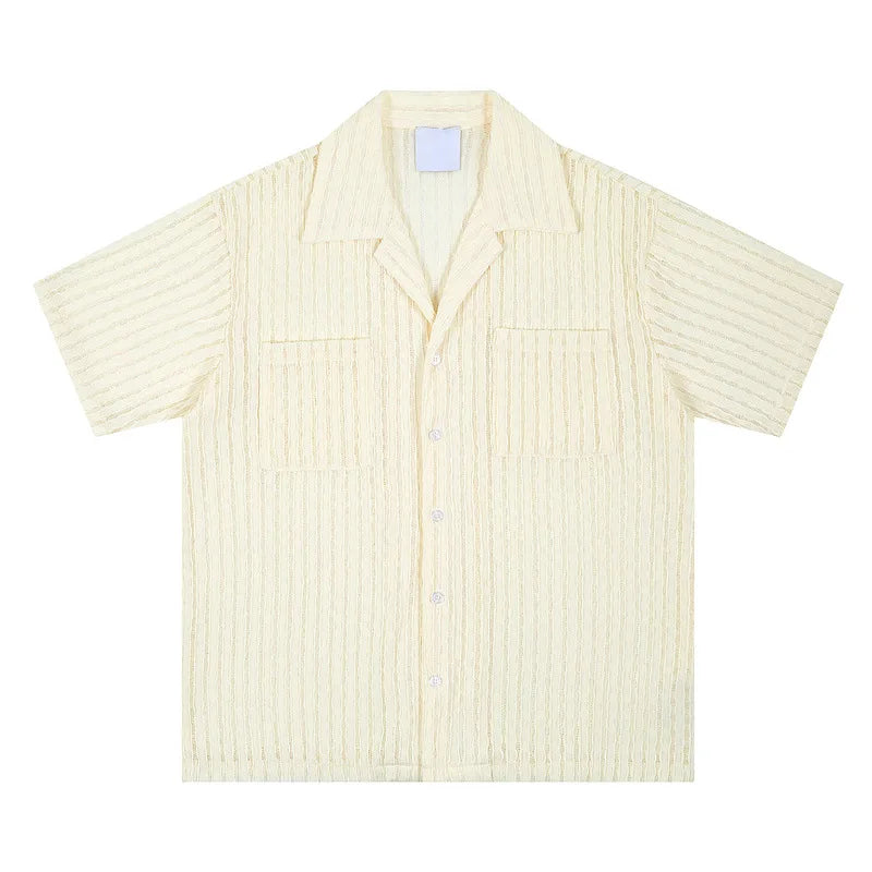 Hollow-out Pleated Cuban Collar Short-Sleeved
