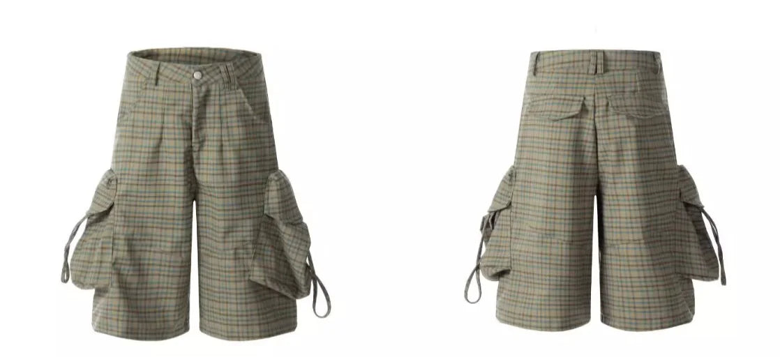 Summer Loose Green Plaid Large Pockets Cargo Shorts