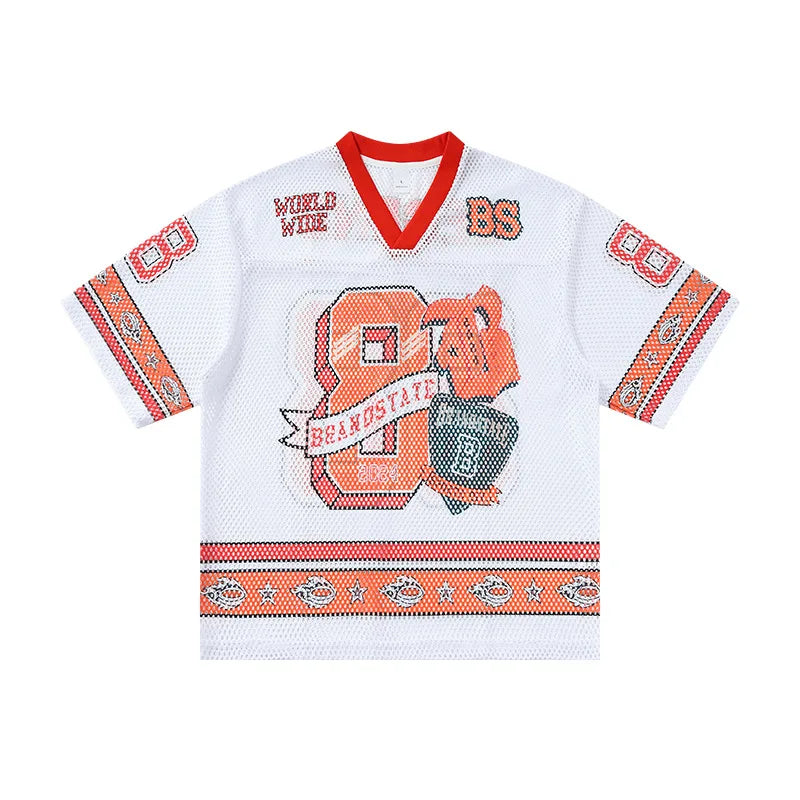 Men's V-neck Digital Print Color-Blocked Patchwork Soccer Jersey T-Shirt Unique Streetwear Short-Sleeve  Tops