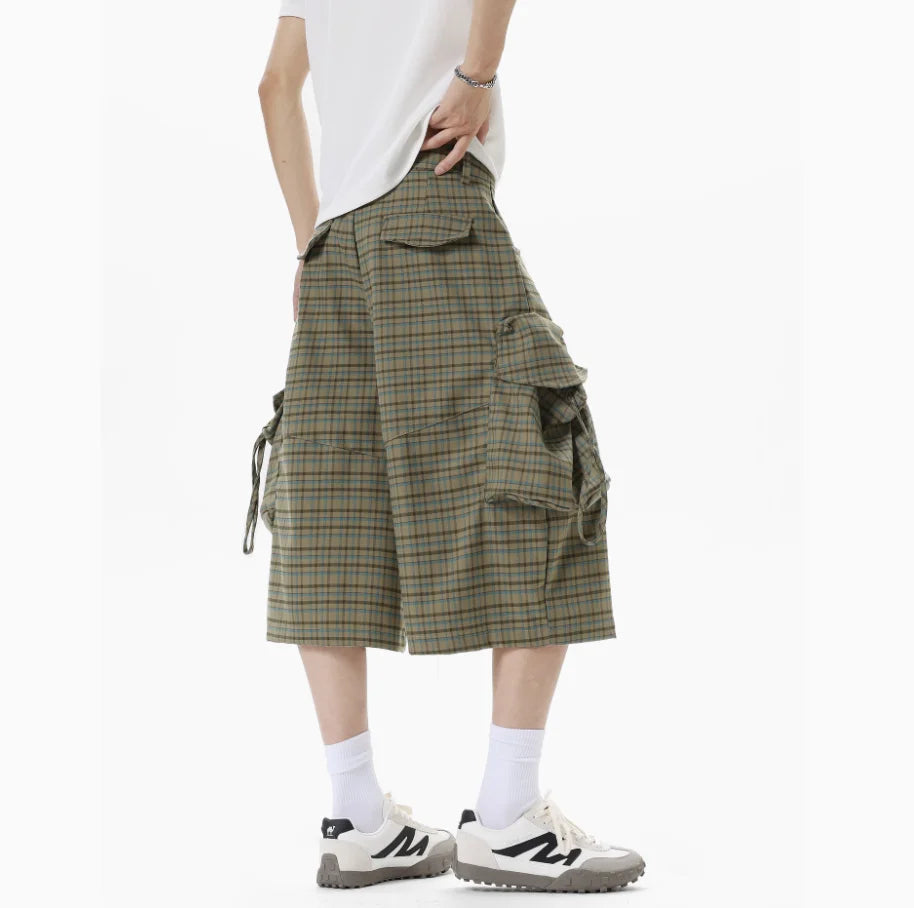 Summer Loose Green Plaid Large Pockets Cargo Shorts