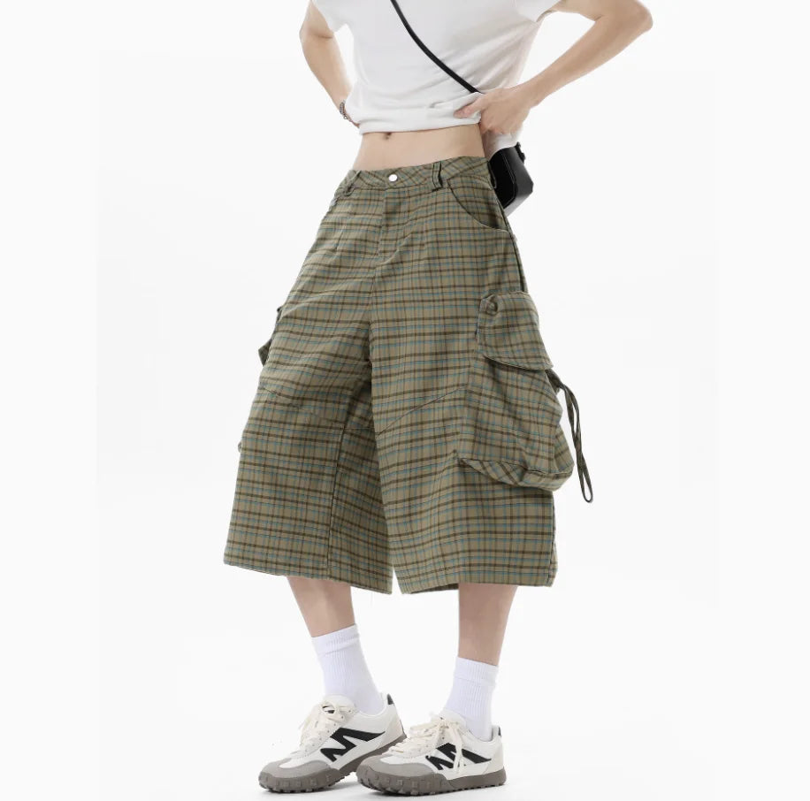 Summer Loose Green Plaid Large Pockets Cargo Shorts