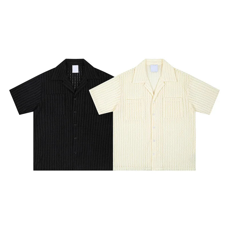 Hollow-out Pleated Cuban Collar Short-Sleeved