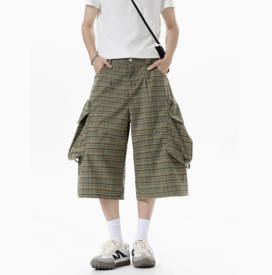 Summer Loose Green Plaid Large Pockets Cargo Shorts