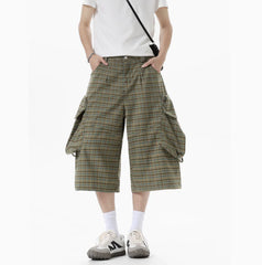 Summer Loose Green Plaid Large Pockets Cargo Shorts