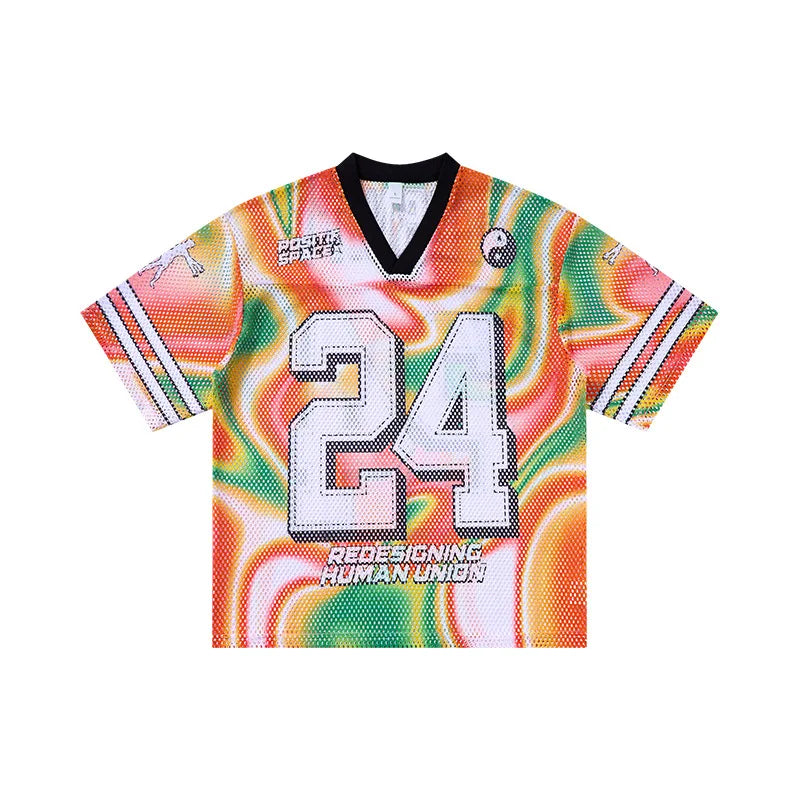 Men's V-neck Digital Print Color-Blocked Patchwork Soccer Jersey T-Shirt Unique Streetwear Short-Sleeve  Tops